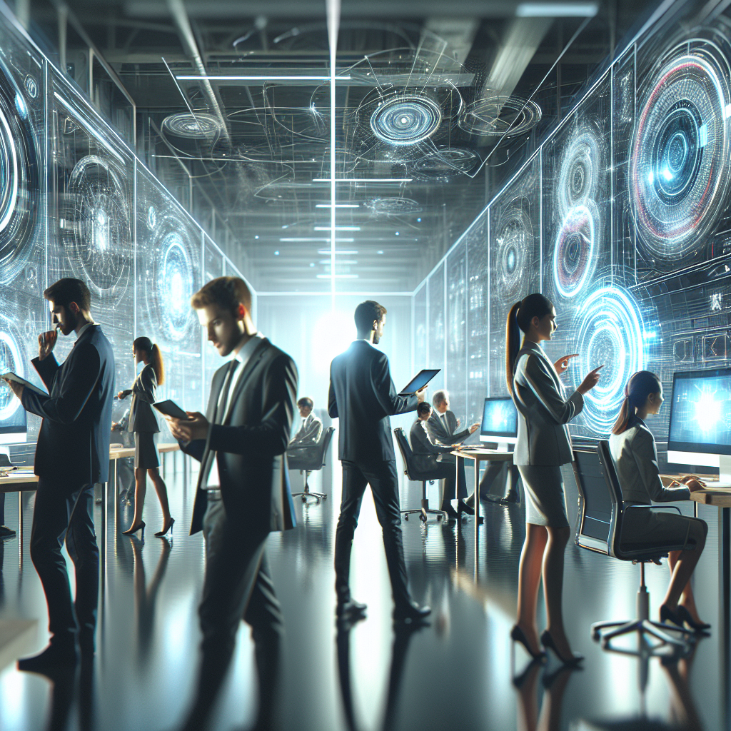 Generate a 16:9 horizontal image that embodies the essence of modern technology and innovation. The image should have a professional aesthetic and convey a sense of forward-thinking and progress. Please ensure the style is clean and clear, focusing on the integration of technology into everyday life or work, but don't include any text, logos, or watermarks, maintaining the realistic and high-quality look. The scene can be set in a futuristic office environment with people of different genders and descents interacting with advanced technology gadgets.