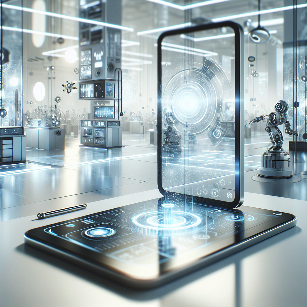 Generate a 16:9 horizontal high-quality, photorealistic image that visually represents modern technology or innovation. The image should showcase objects or environments that symbolize advancement, such as sleek touch screen devices, a cutting-edge robotics lab, or a futuristic city. Follow a clean, clear style with smooth lines and light, airy color palettes. Please exclude any text, logos, and watermarks to maintain a professional aesthetic.