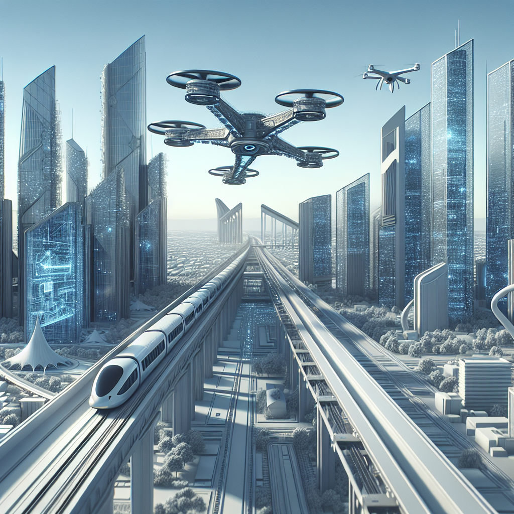 Imagine a 16:9 horizontal image that showcases modern innovation and technology's progress. The scene should embody a clean and crisp aesthetic, emphasizing the futuristic architecture, cutting-edge infrastructures, like sophisticated drones, high-speed magnetic levitation trains, and towering smart buildings, all embodying the spirit of professional inventions. Remember to avoid any form of text, logos or watermarks, focusing on the state-of-the-art technology and progression exclusively.